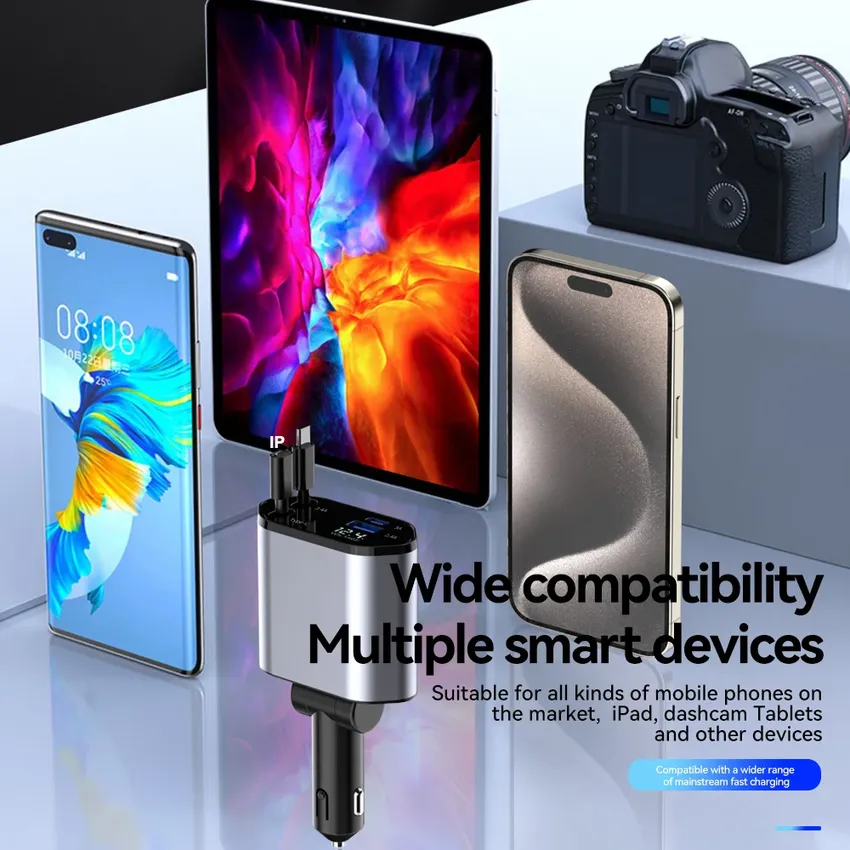 Small car charger, 4 in 1, fast charging, suitable, cloudable cable, USB ports, car charger, and compatible adapter Small car charger, 4 in 1, fast charging, suitable, cloudable cable, USB ports, car charger, and compatible adapter