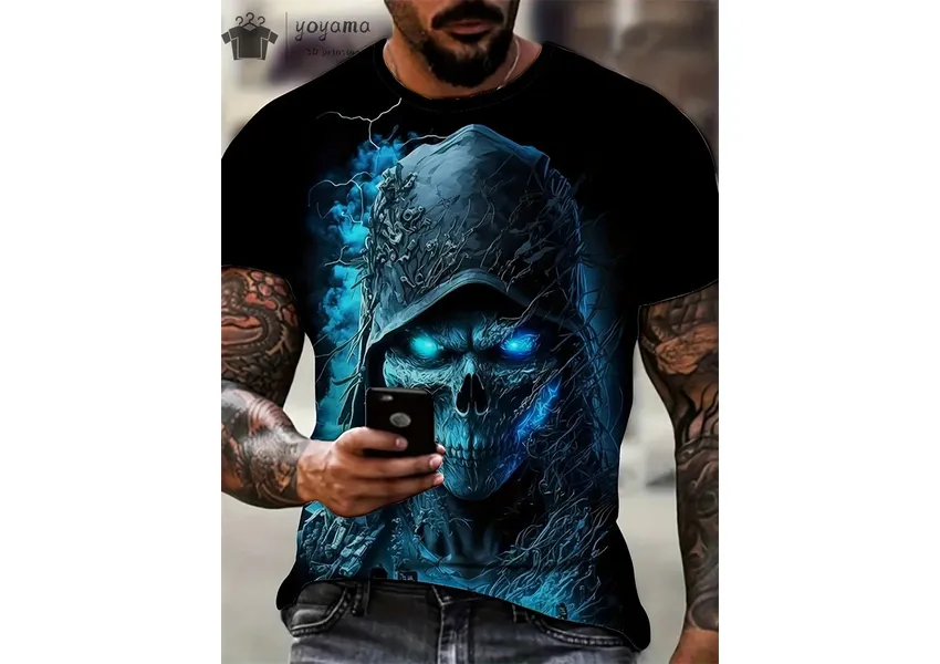 T -shirt is a three -dimensional men's t -shirt, with a horror skull, circular neck hole, short sleeves, large t -shirts, street clothes, old fashion, summer T -shirt is a three -dimensional men's t -shirt, with a horror skull, circular neck hole, short sleeves, large t -shirts, street clothes, old fashion, summer