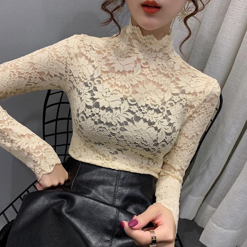 Autumn Women's Thin Black Lace T-shirt Sexy Collar Rounded Long Sleeve Slim Lace Crochet Patched Tops Autumn Women's Thin Black Lace T-shirt Sexy Collar Rounded Long Sleeve Slim Lace Crochet Patched Tops