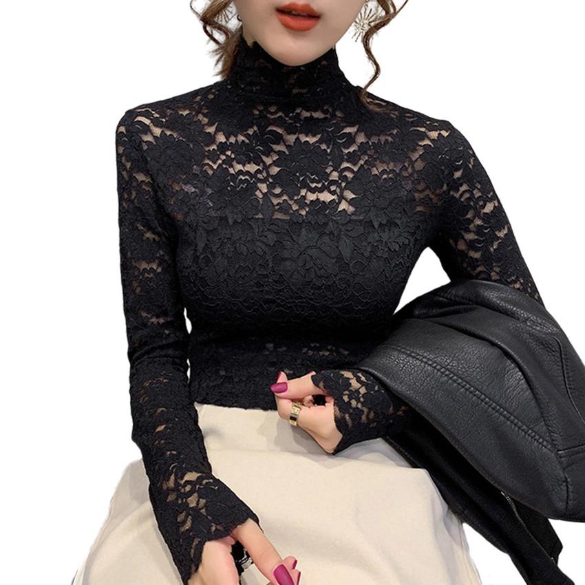 Autumn Women's Thin Black Lace T-shirt Sexy Collar Rounded Long Sleeve Slim Lace Crochet Patched Tops Autumn Women's Thin Black Lace T-shirt Sexy Collar Rounded Long Sleeve Slim Lace Crochet Patched Tops