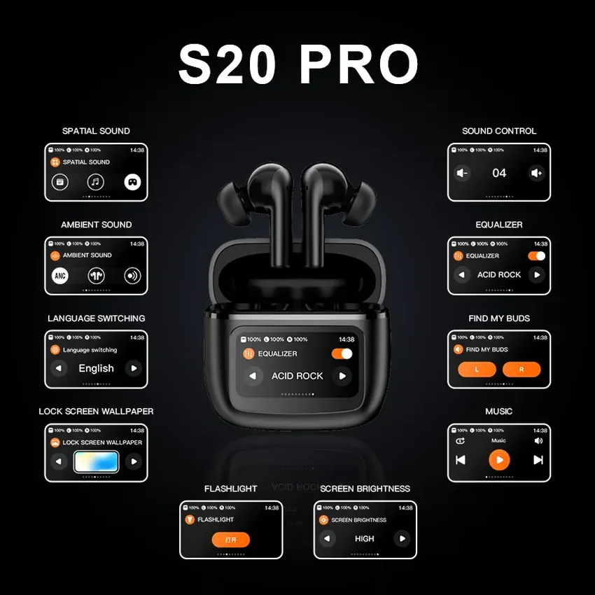 Wireless earphones with a touch screen, card, noise cancellation card, HIFI, Bluetooth, support for long battery life, headphones, and S20 Pro Wireless earphones with a touch screen, card, noise cancellation card, HIFI, Bluetooth, support for long battery life, headphones, and S20 Pro