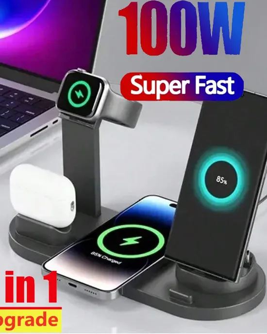حامل شاحن لاسلكي 5 في 1 لأجهزة iPhone (15، 14، 13، 12، 11، X)، Apple Watch، وAirPods، شحن سريع، محطة شحن للمكتب. حامل شاحن لاسلكي 5 في 1 لأجهزة iPhone (15، 14، 13، 12، 11، X)، Apple Watch، وAirPods، شحن سريع، محطة شحن للمكتب.