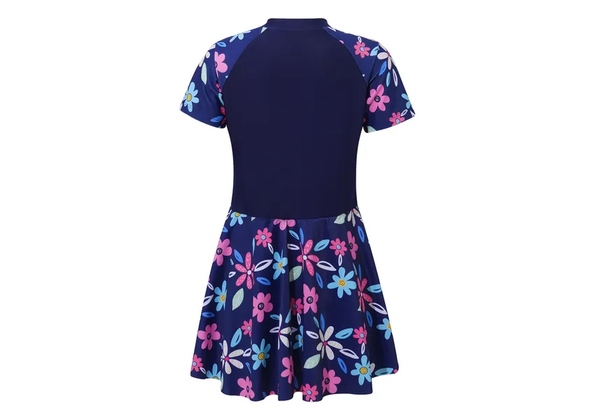 Children of Girls, one piece, short -sleeved swimwear, flower print, zipper, swimming dress with built Children of Girls, one piece, short -sleeved swimwear, flower print, zipper, swimming dress with built