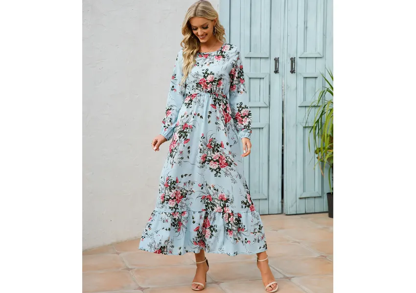Women's maxi dresses printed with spring and summer as a circular collar, long sleeves and a high letter A long dress for beach parties Boho Women's maxi dresses printed with spring and summer as a circular collar, long sleeves and a high letter A long dress for beach parties Boho