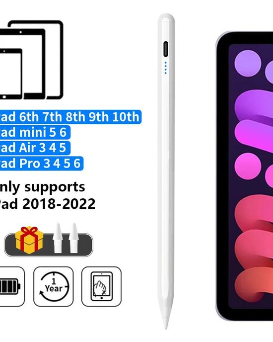 قلم ستايلس Apple مع مؤشرات LED – قلم لمس متوافق مع iPad 2018-2022 مع ميزة رفض النخيل ودقة عالية قلم ستايلس Apple مع مؤشرات LED – قلم لمس متوافق مع iPad 2018-2022 مع ميزة رفض النخيل ودقة عالية