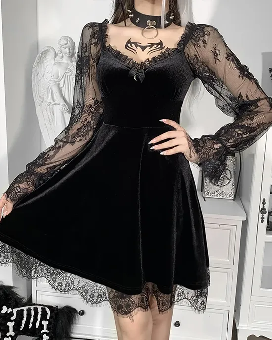 فستان أسود ضيق دانتيل - تصميم Gothic فستان أسود ضيق دانتيل - تصميم Gothic