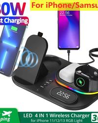 شاحن لاسلكي 30 وات 4 في 1 iPhone 14 13 12 11 AirPods مع مصباح ساعة المحطة السريعة