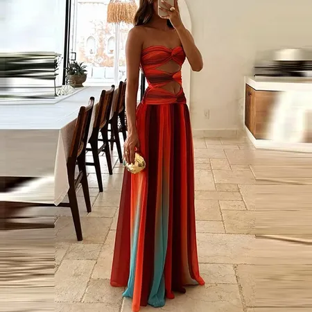 Gradient chiffon dress printed battalions elegant dress for women without high -waist bras sexy occasions without sleeves