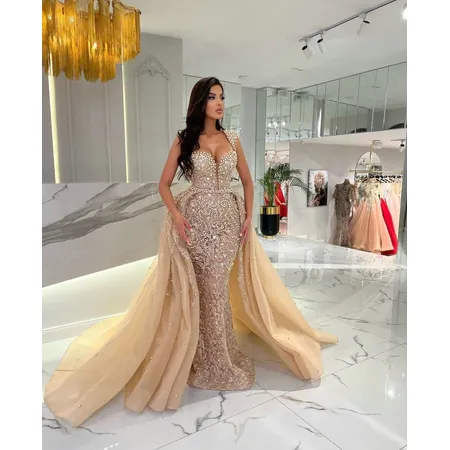 2025 Evening dresses in the nymph of the sea in champagne color consisting of two pieces covered with pearls, crystal and official Arab skirts for wedding parties and dinner parties
