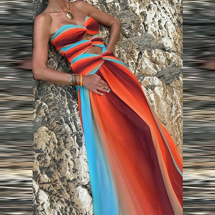 Gradient chiffon dress printed battalions elegant dress for women without high -waist bras sexy occasions without sleeves Gradient chiffon dress printed battalions elegant dress for women without high -waist bras sexy occasions without sleeves