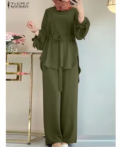 طقم زانزيا متطابق للنساء المسلمات بأكمام طويلة وبلوزات بلون واحد وبنطلون فضفاض، بدلة رياضية أنيقة غير رسمية، قفطان 2025