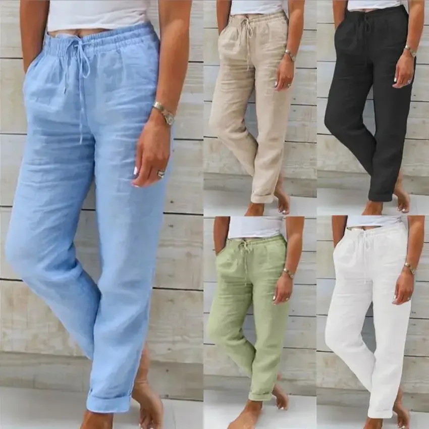 Women's pants of lumbar linen, high -elastic women's waist, barb pocket, sea clothes, straight trousers, summer vacation, Women's pants of lumbar linen, high -elastic women's waist, barb pocket, sea clothes, straight trousers, summer vacation,