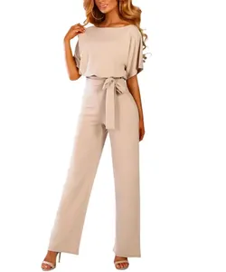 A high -waist -waist suit for women in a straight -leg color Rumper fashion with short sleeves round necks for dating suit