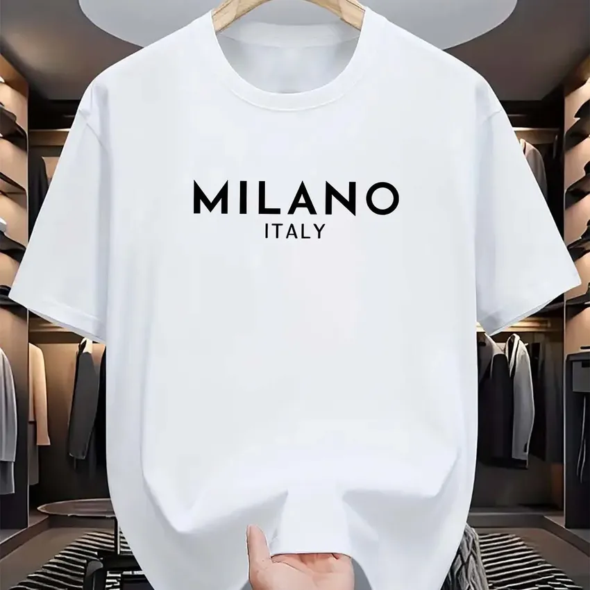 Summer men's t -shirt is 100% of pure cotton, loose and modern, printed with Italian Milan letters with circular neck and short sleeves Summer men's t -shirt is 100% of pure cotton, loose and modern, printed with Italian Milan letters with circular neck and short sleeves