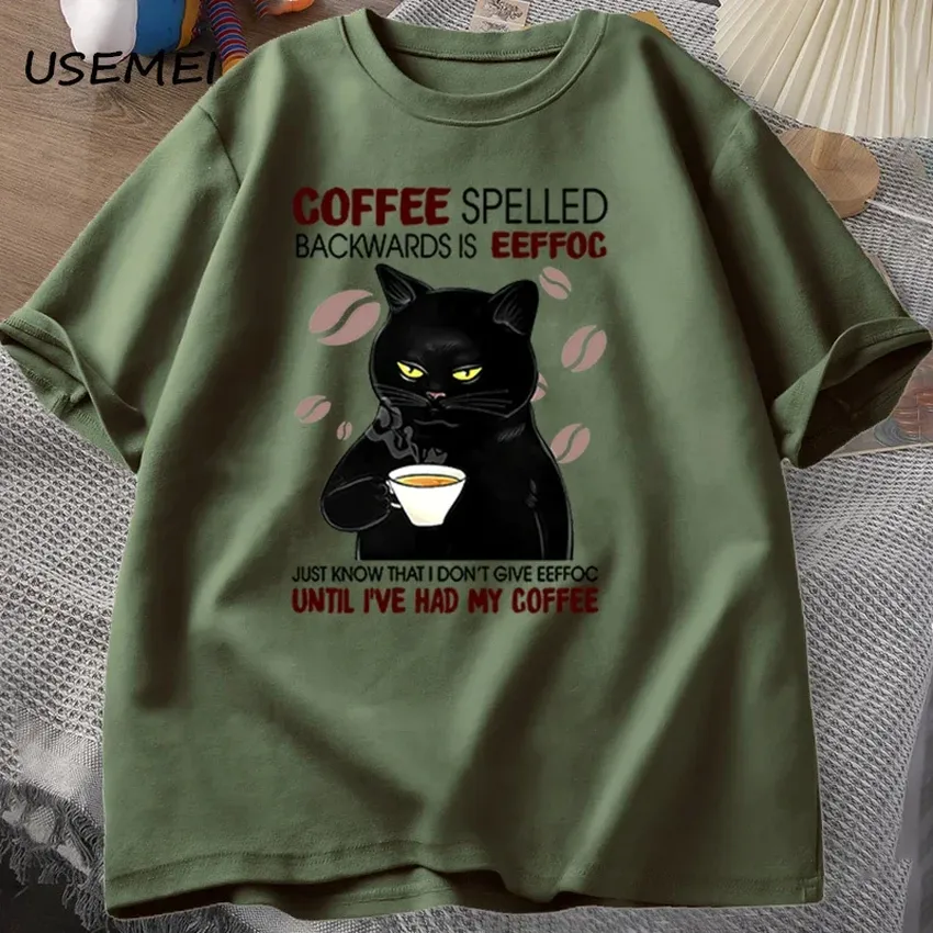 T -shirt in the form of a cat written on which coffee coffee is funny T -shirt. T -shirt in the form of a cat written on which coffee coffee is funny T -shirt.