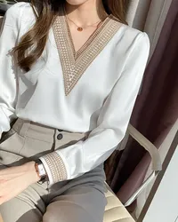 Stylish chiffon for women, white V -shaped necks, loose casual blouses with long sleeves, women's blouses for the office, new fashion shirts, * * *