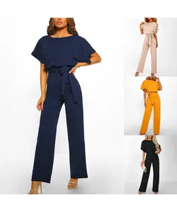 A high -waist -waist suit for women in a straight -leg color Rumper fashion with short sleeves round necks for dating suit