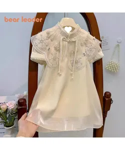 A new summer dress from bear Leader for girls, Chibao Dress, decorated with Chinese pearls for children, elegant dress with short sleeves