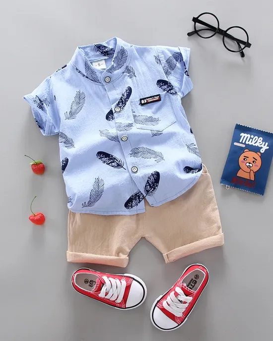 0-3 years of summer child feather print short-sleeved shirt suit