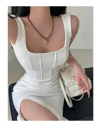 Womengaga a narrow maxi dress with a square neck with high medium -length length with a narrow story with hip