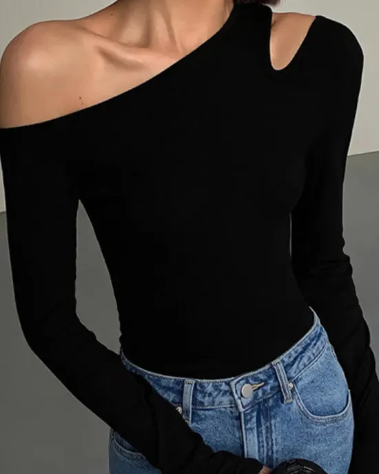 The fashion of a collar deviation outside the shoulder long sleeves T -shirt Women Spring New Solid Selim Saleh The highest crops are sexy Al -Jouf outside the shirts The fashion of a collar deviation outside the shoulder long sleeves T -shirt Women Spring New Solid Selim Saleh The highest crops are sexy Al -Jouf outside the shirts