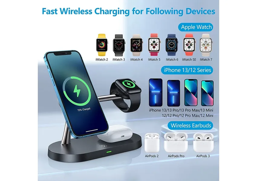 حامل شحن مغناطيسي لاسلكي – قاعدة شحن سريعة 3 في 1 مصمم لأجهزة iPhone (من iPhone 5 حتى iPhone 15) وسماعات AirPods 2، 3، وPro. شحن سريع، تصميم أنيق، وتجربة استخدام مريحة لجميع أجهزتك المتوافقة. حامل شحن مغناطيسي لاسلكي – قاعدة شحن سريعة 3 في 1 مصمم لأجهزة iPhone (من iPhone 5 حتى iPhone 15) وسماعات AirPods 2، 3، وPro. شحن سريع، تصميم أنيق، وتجربة استخدام مريحة لجميع أجهزتك المتوافقة.