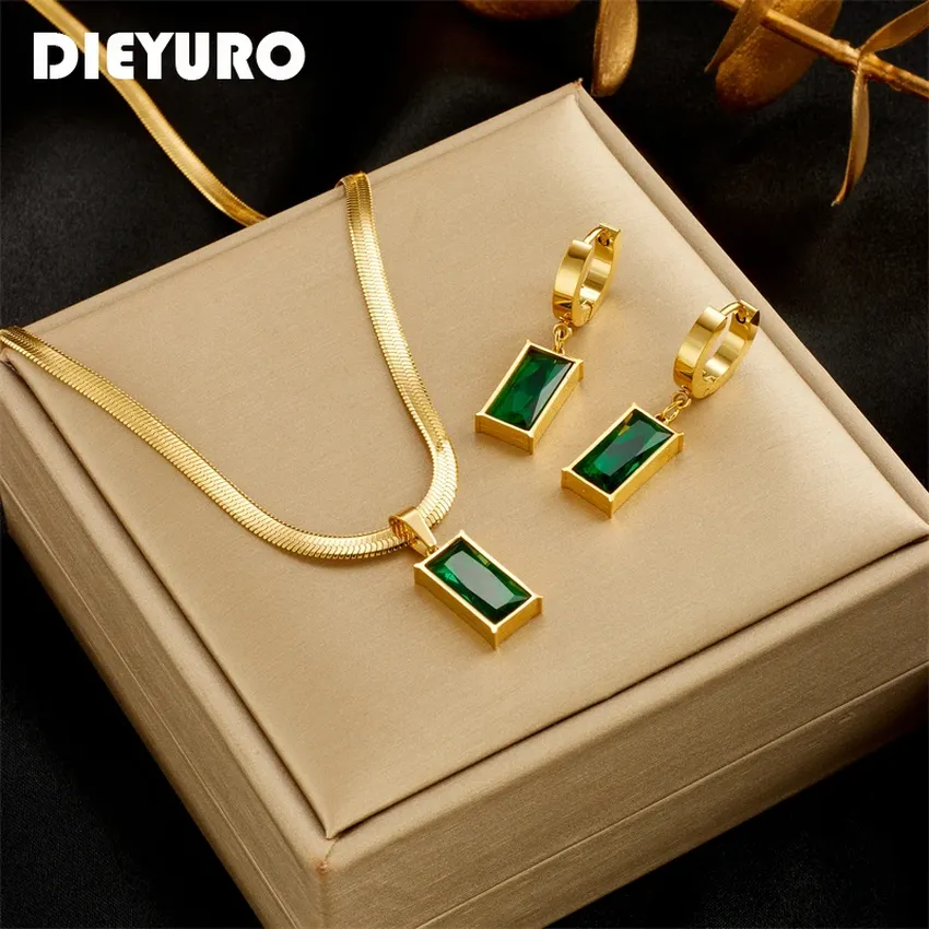 Dieyuro- Stainless steel necklace and group earrings for women, green crystal crystal, non-jewelry, square, girl, new fashion, 316L Dieyuro- Stainless steel necklace and group earrings for women, green crystal crystal, non-jewelry, square, girl, new fashion, 316L