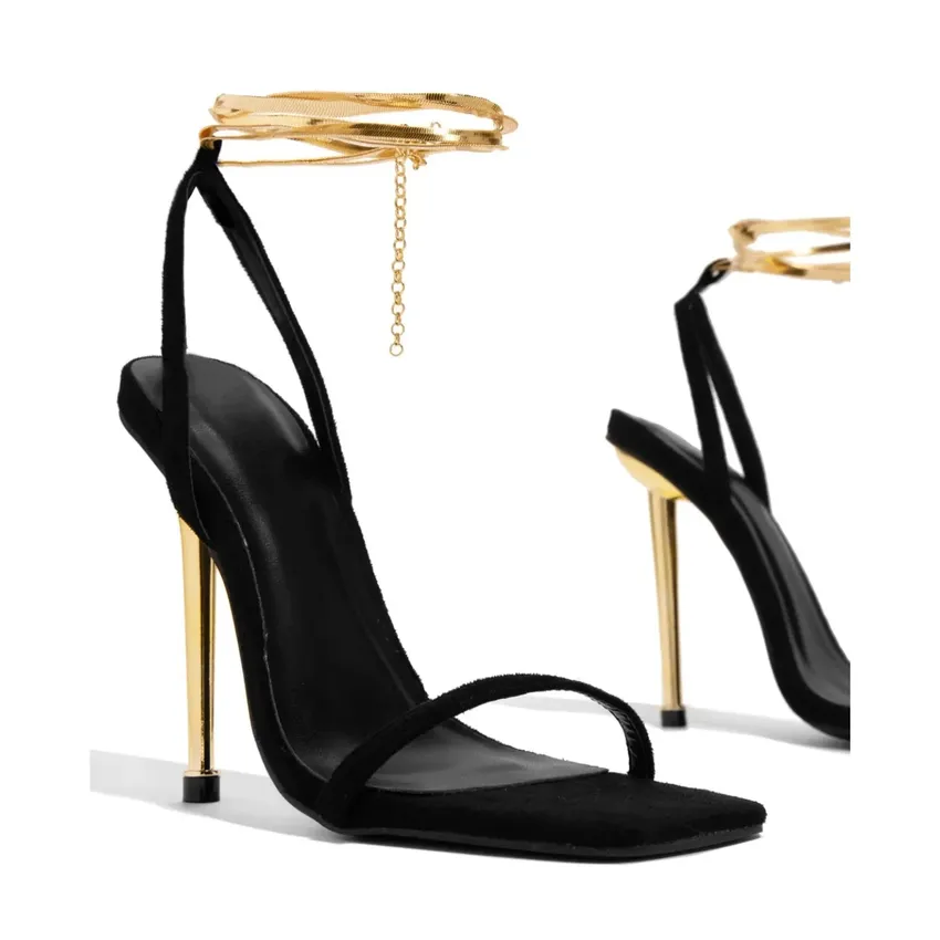 Women's high -heeled golden sandals, thin single belt, metal dagger, golden heel shoes Women's high -heeled golden sandals, thin single belt, metal dagger, golden heel shoes