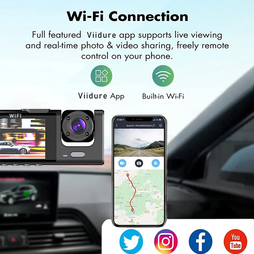 كاميرا سيارة Wi-Fi ثلاثية القنوات – Dash Cam بدقة FHD 1080p كاميرا سيارة Wi-Fi ثلاثية القنوات – Dash Cam بدقة FHD 1080p